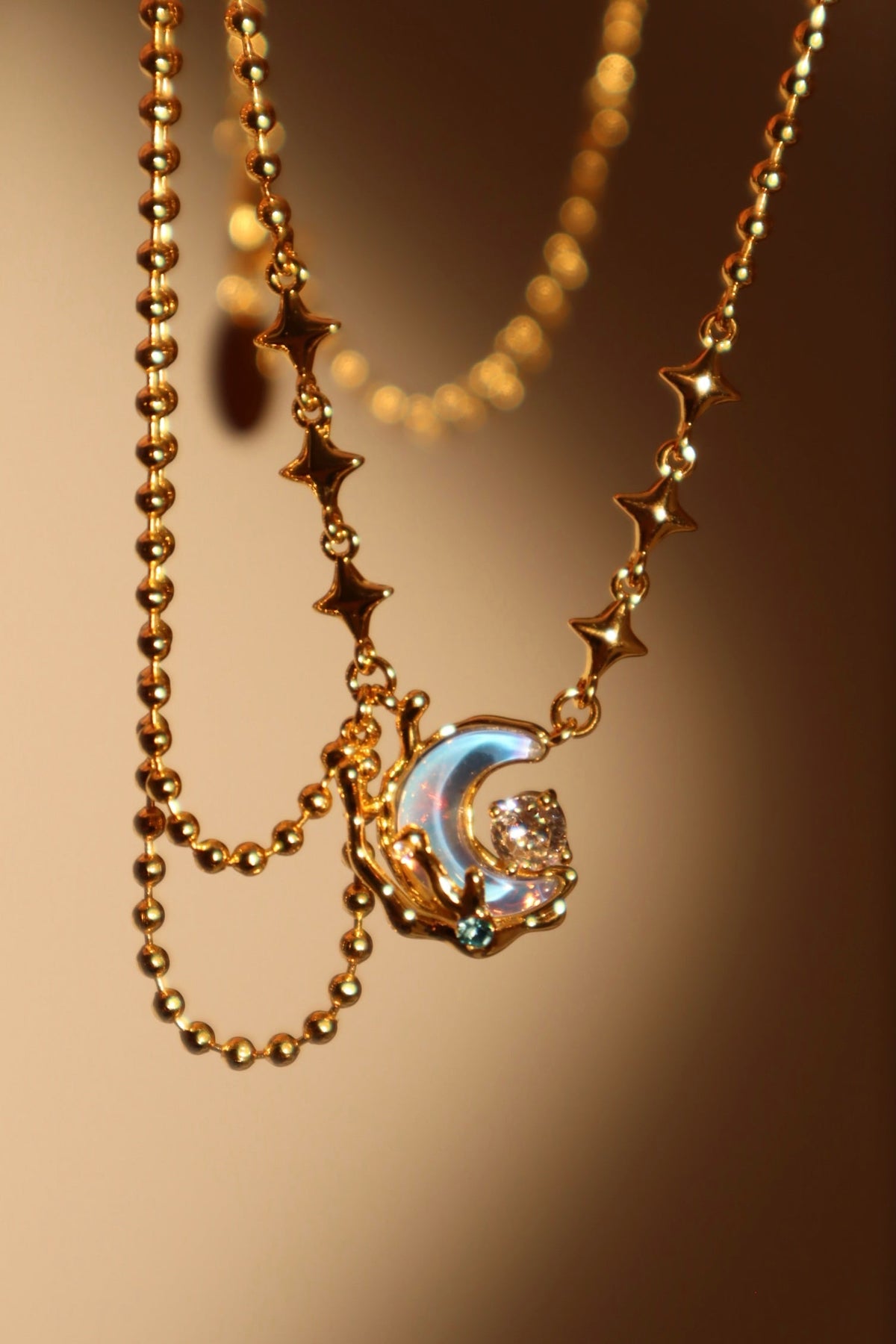 18K Real Gold Plated Diamond Moonstone Moon Necklace