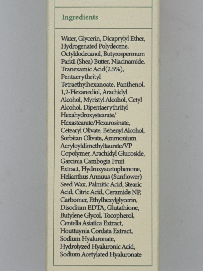 Korean label panel: AXIS-Y TXA 2.5% cream Korean label with glow care, moisturizing, and soothing icons and Made in Korea marking.