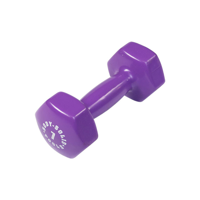 Body Solid purple vinyl dumbbell angled view