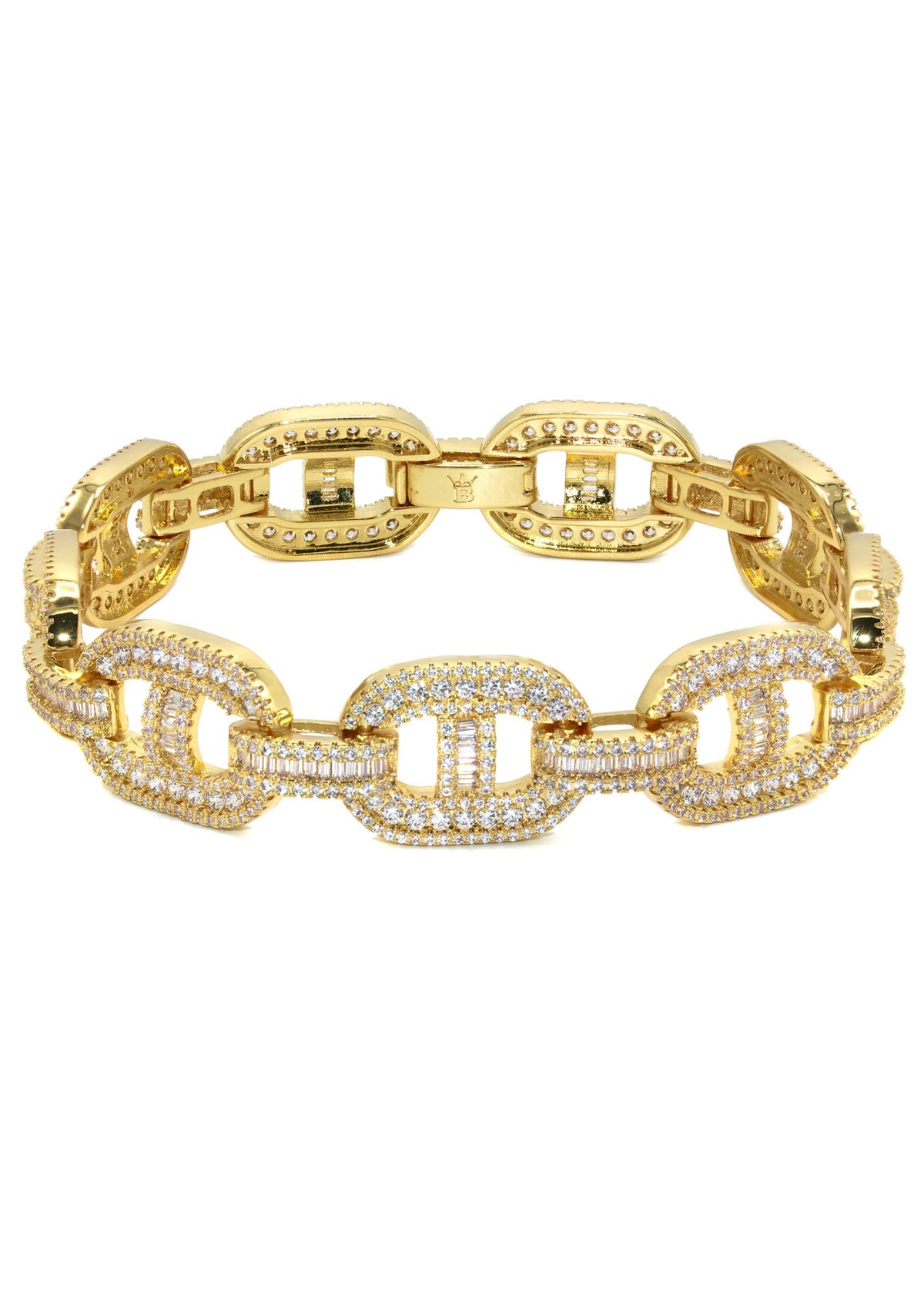 Gold Jewelry - Mens 14K Gold Iced Out VVS Baguette Mariner Bracelet