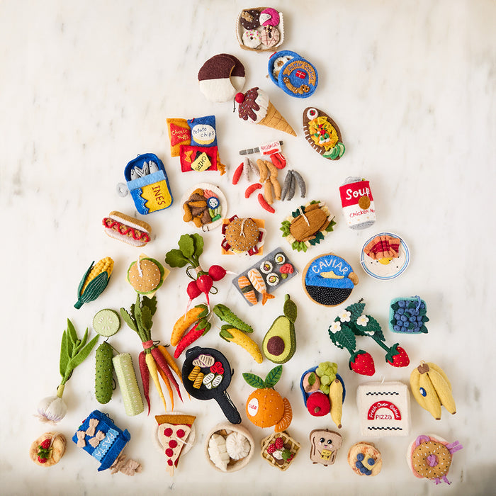 Artisan wool radish bunch ornament tied to garden gifts or cookbooks