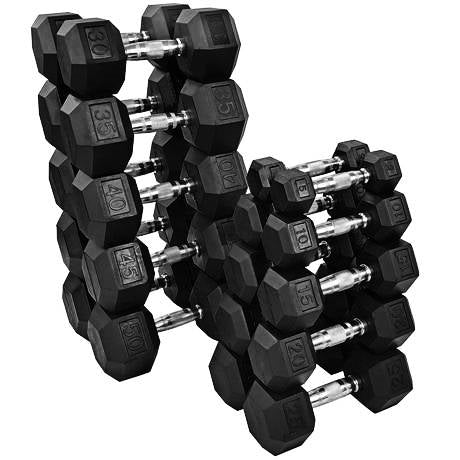 Gronk Fitness Rubber Hex Dumbbells stacked in rows