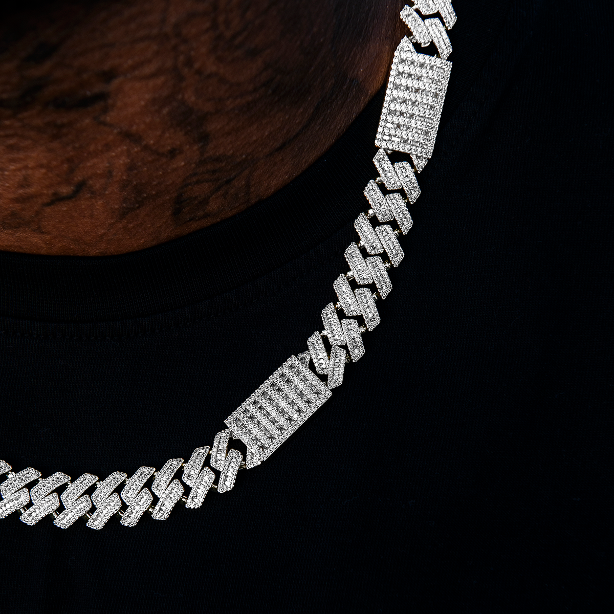 Diamond Baguette Station Cuban Chain in White Gold- 12mm