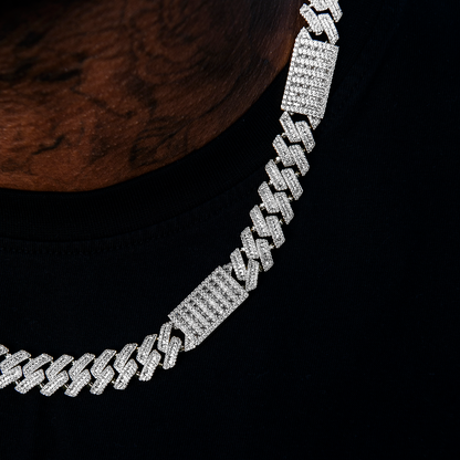 Diamond Baguette Station Cuban Chain in White Gold- 12mm