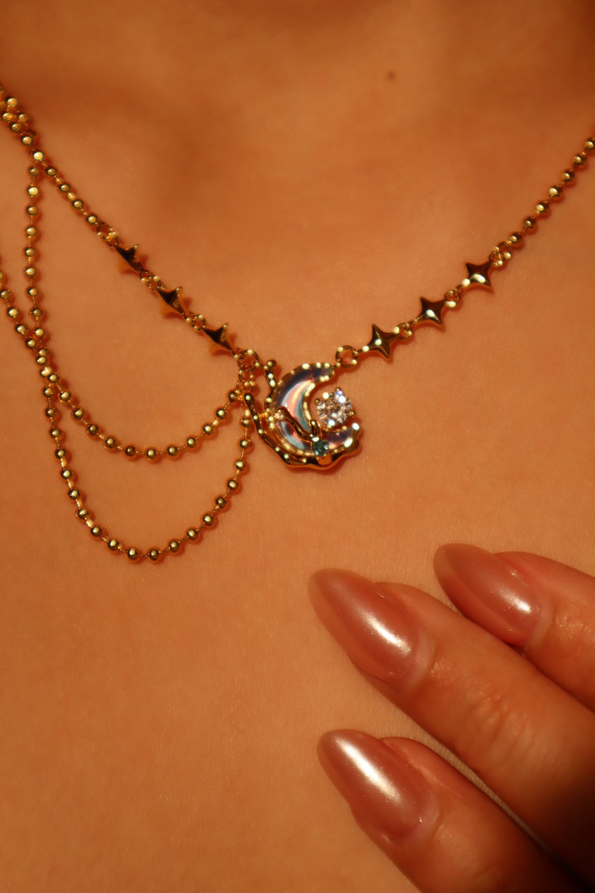 18K Real Gold Plated Diamond Moonstone Moon Necklace
