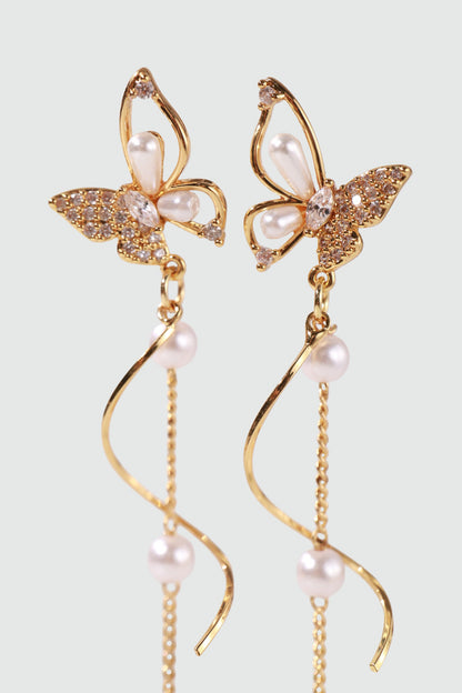 18K Real Gold Plated Diamond Butterfly Pearls Dangle Earrings