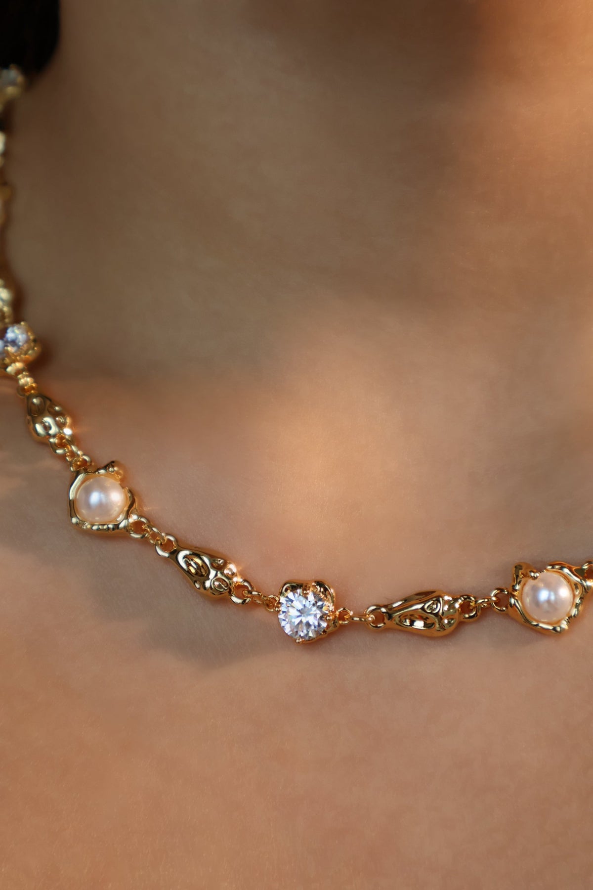 18K Real Gold Plated Multi Diamond Pearl Necklace
