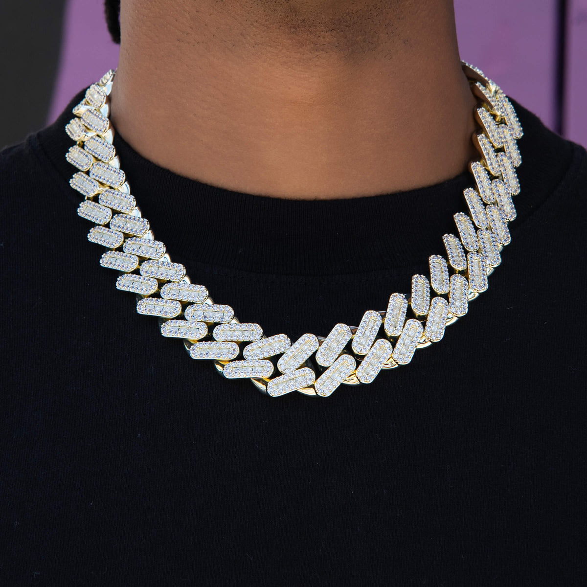 Diamond Baguette Tight Link Cuban Chain Necklace in Yellow Gold - 19mm
