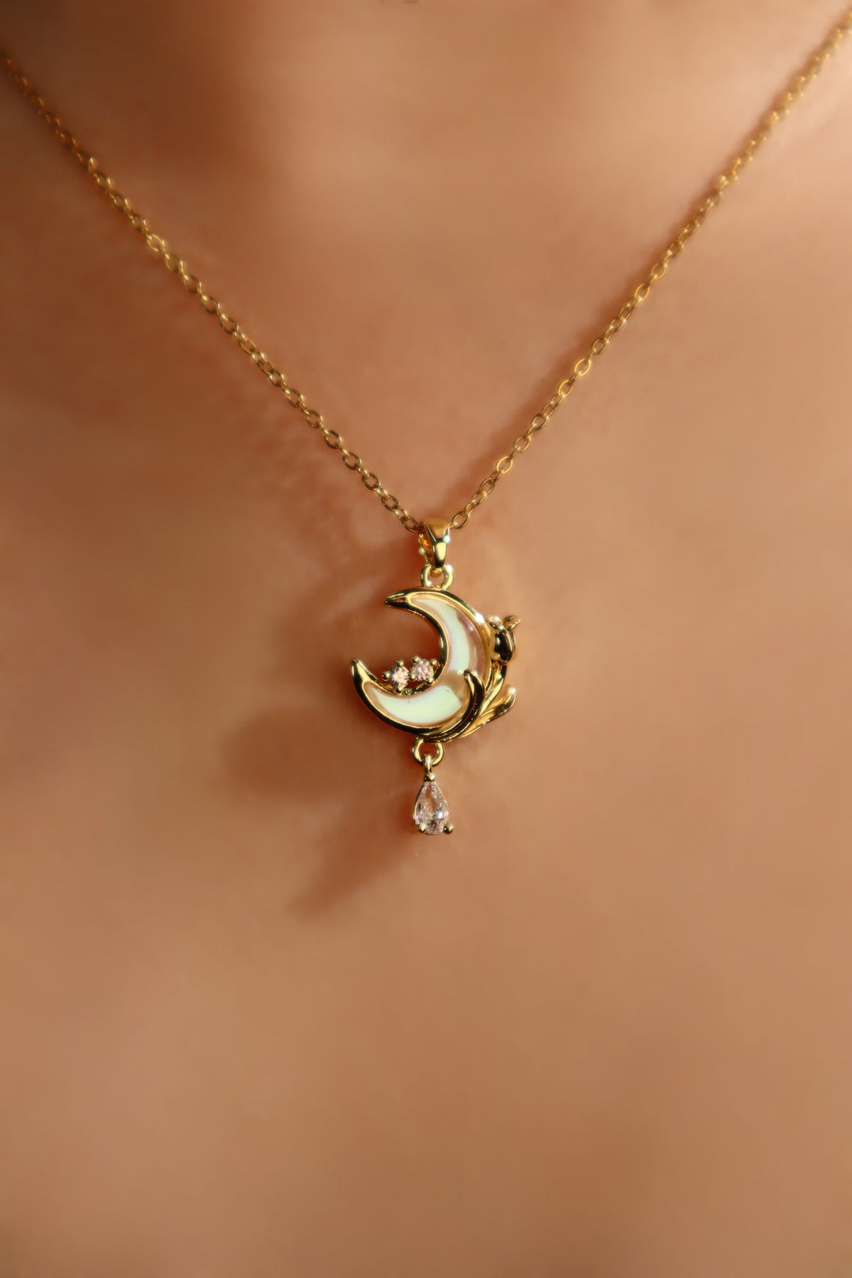 18K Real Gold Plated White Rose Moon Necklace