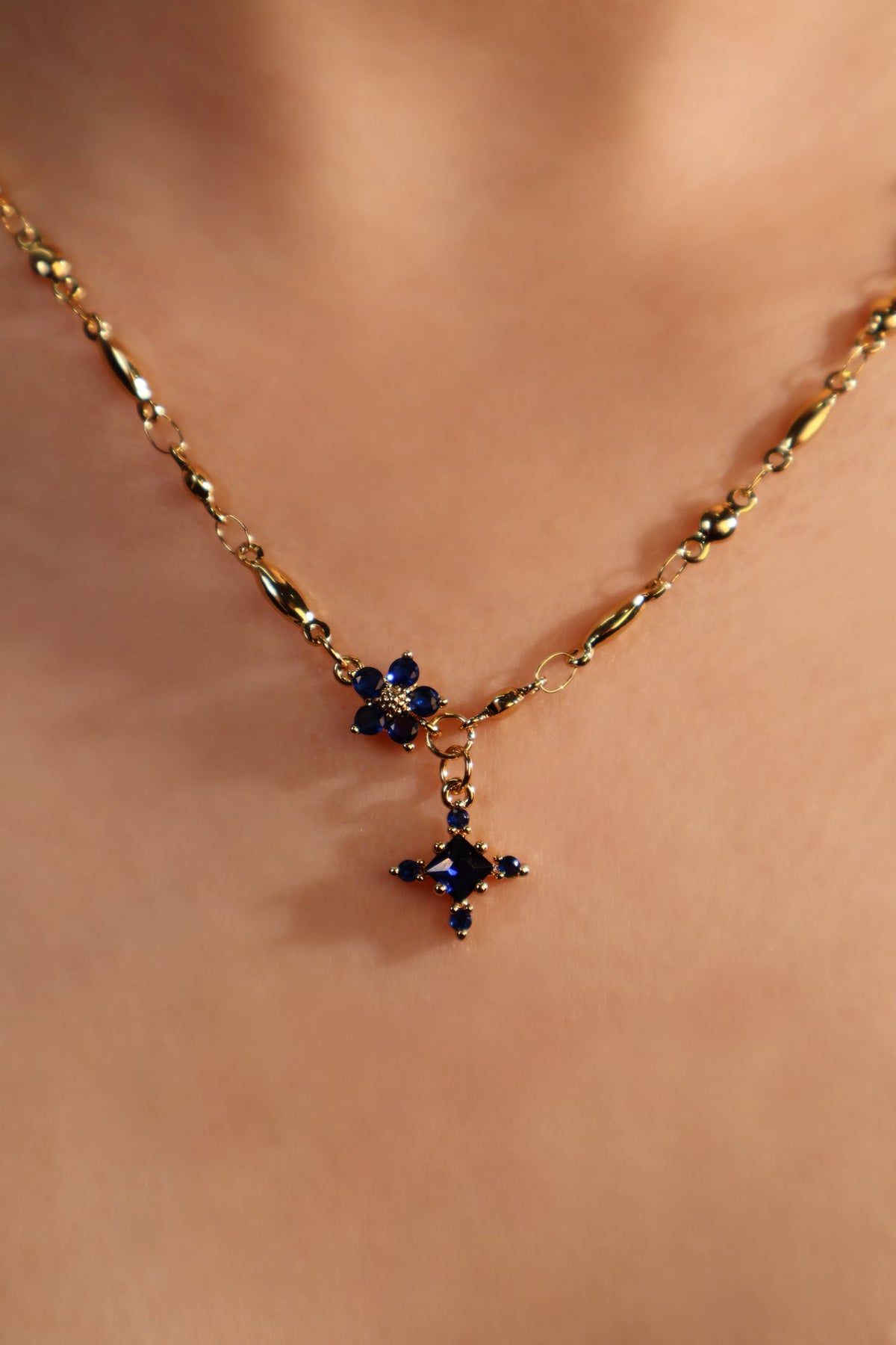 18K Real Gold Plated Sapphire Starlight Cross Necklace