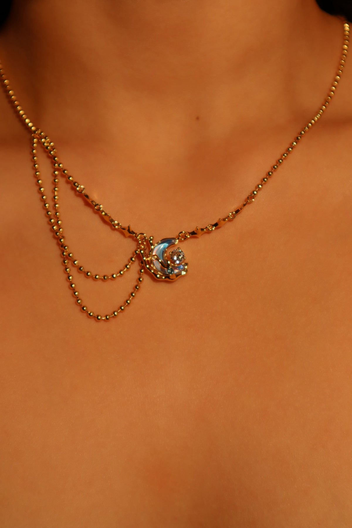 18K Real Gold Plated Diamond Moonstone Moon Necklace