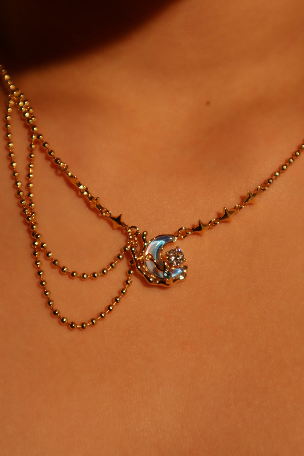 18K Real Gold Plated Diamond Moonstone Moon Necklace