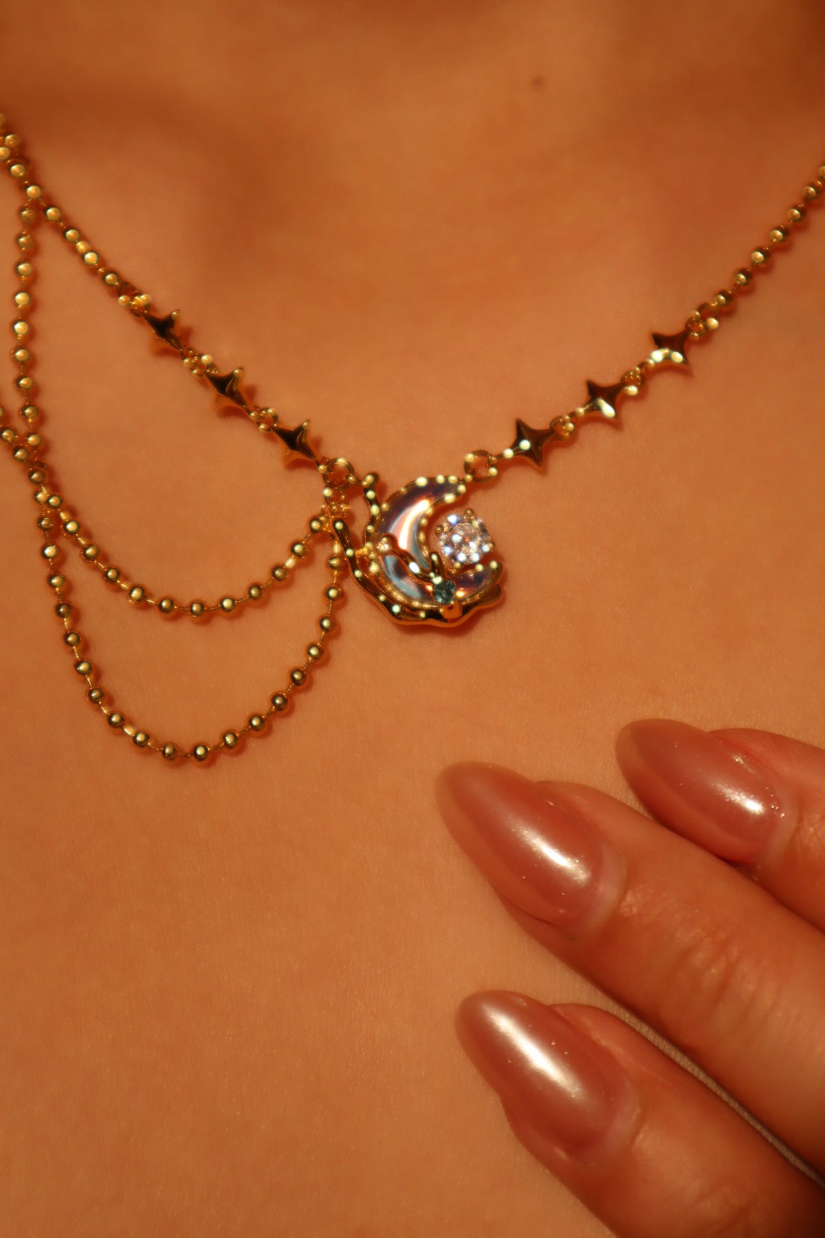 18K Real Gold Plated Diamond Moonstone Moon Necklace