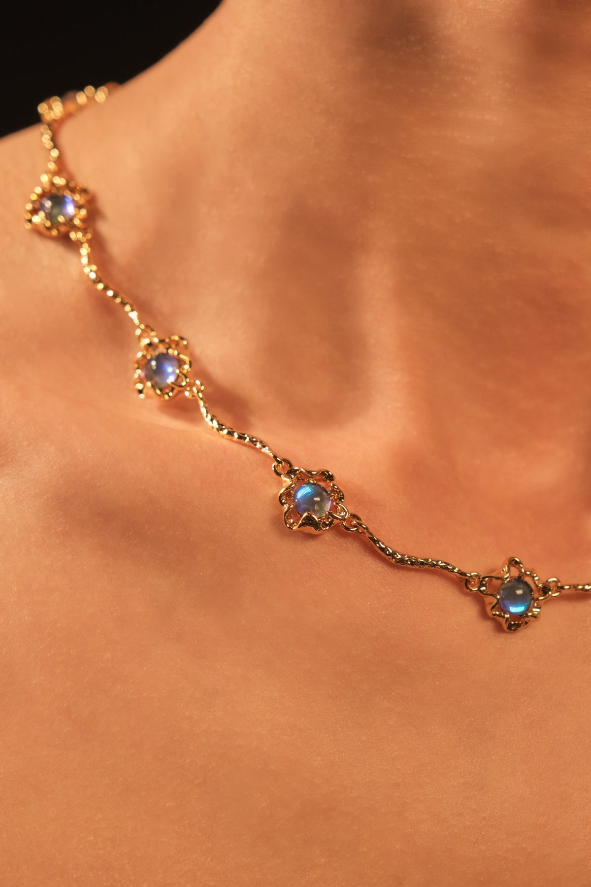 18K Real Gold Plated Multi Deep Blue Moonstones Necklace