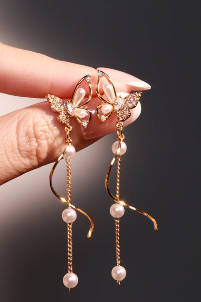 18K Real Gold Plated Diamond Butterfly Pearls Dangle Earrings