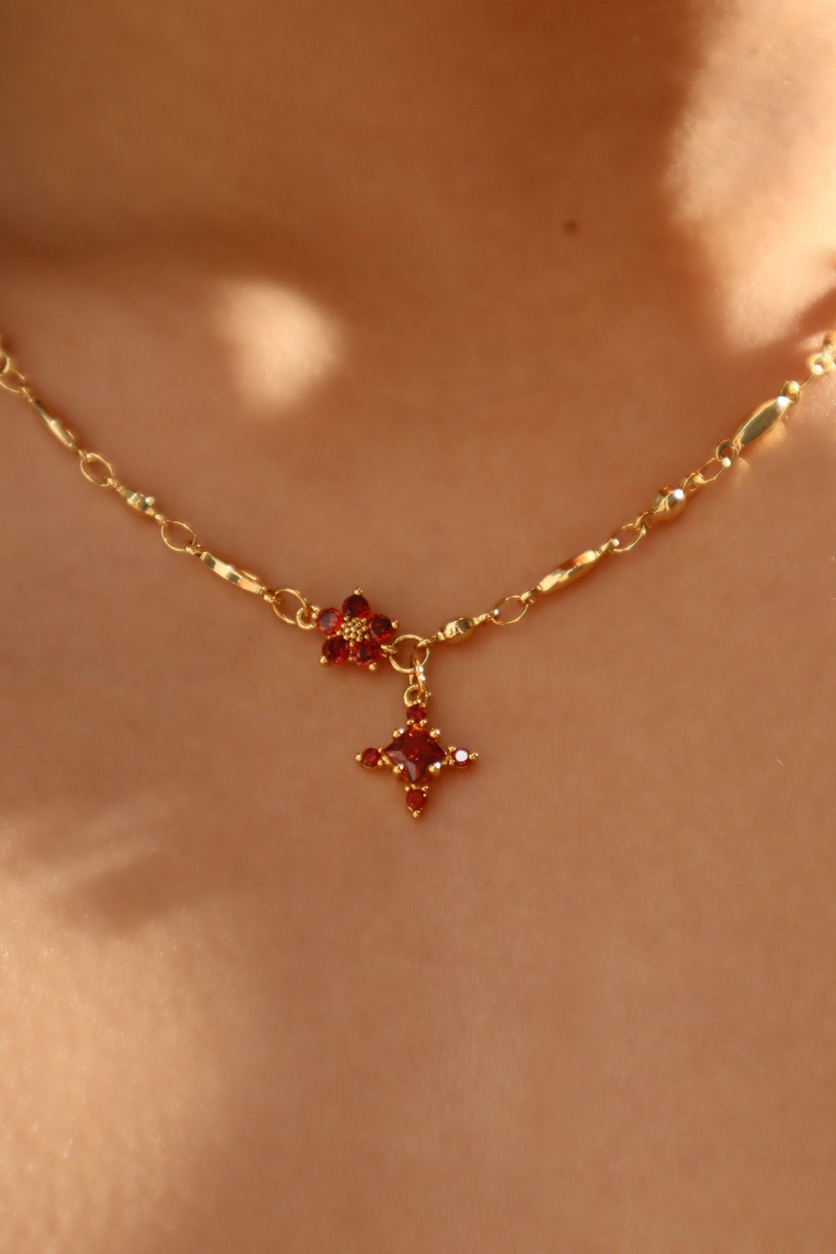 18K Real Gold Plated Garnet Starlight Cross Necklace