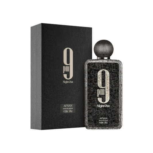 Afnan 9 PM Night Out 100 ml bottle and box