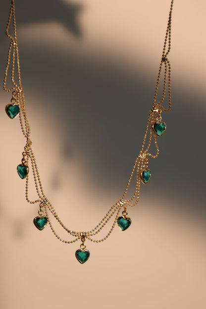 14K Real Gold Plated Double Layer Green Heart Necklace