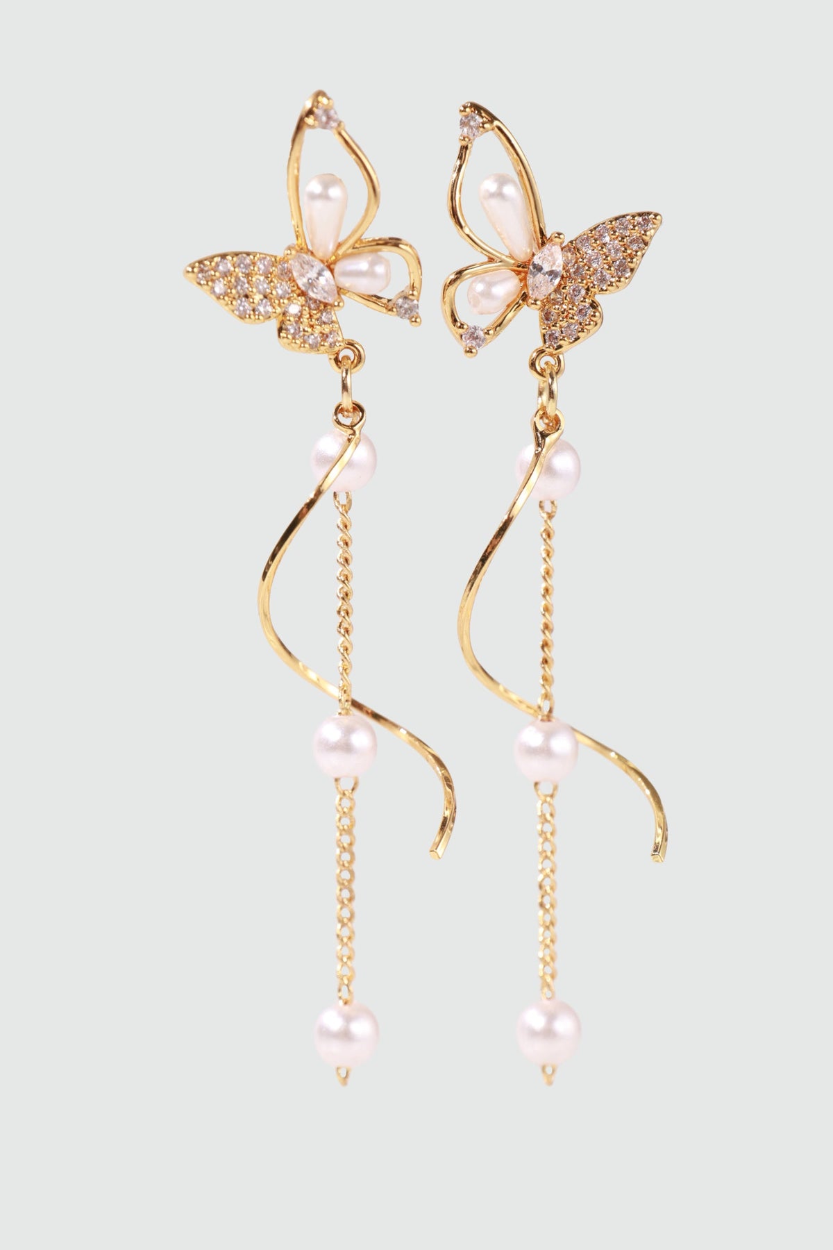 18K Real Gold Plated Diamond Butterfly Pearls Dangle Earrings