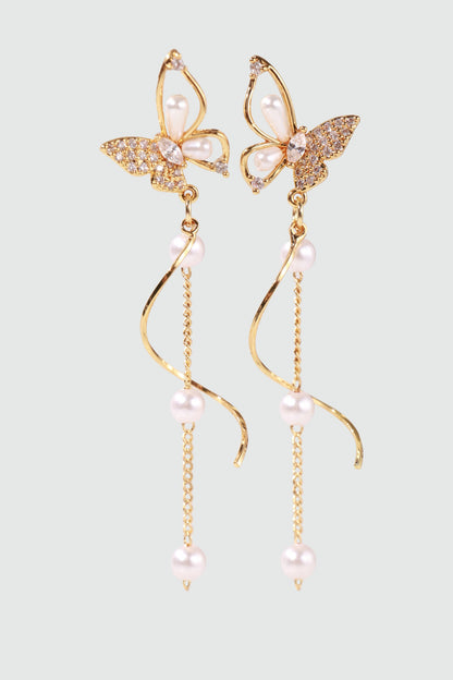 18K Real Gold Plated Diamond Butterfly Pearls Dangle Earrings