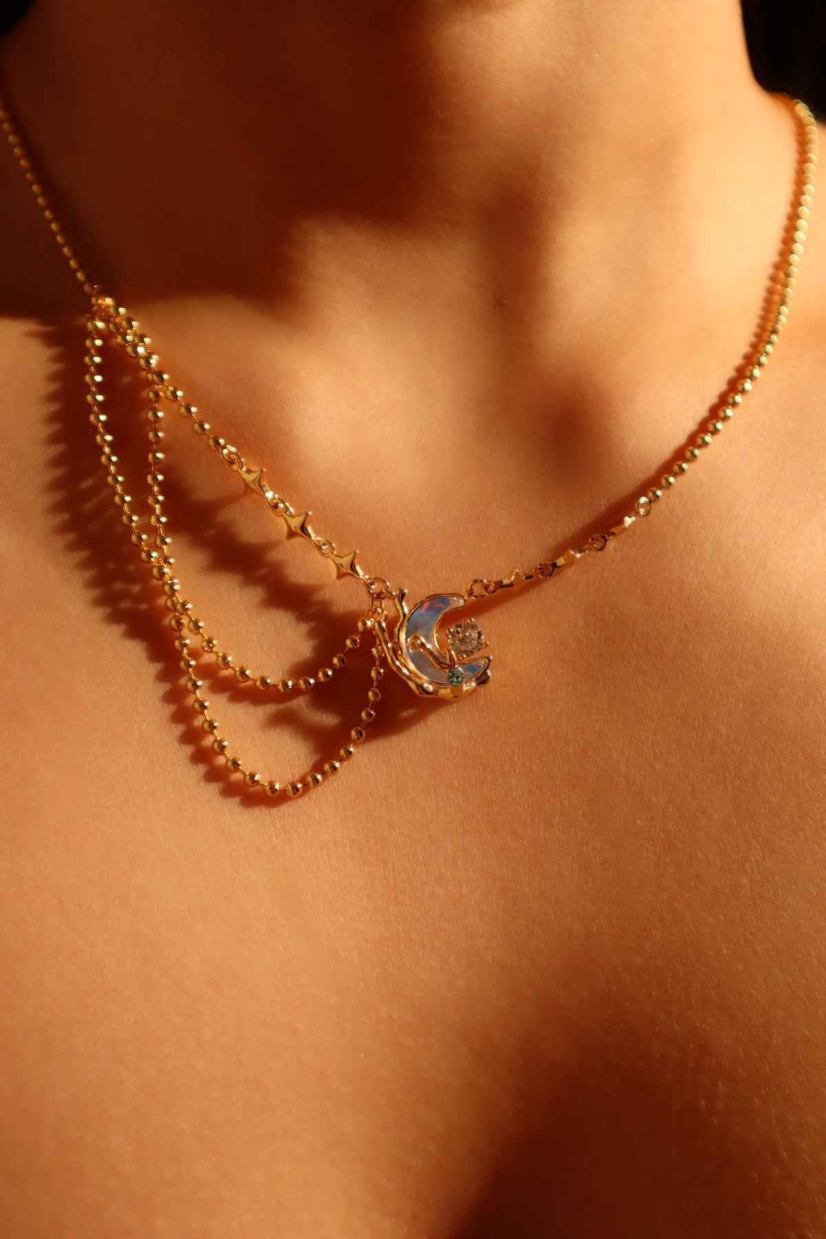 18K Real Gold Plated Diamond Moonstone Moon Necklace