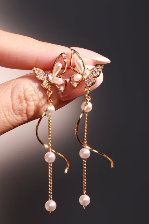 18K Real Gold Plated Diamond Butterfly Pearls Dangle Earrings