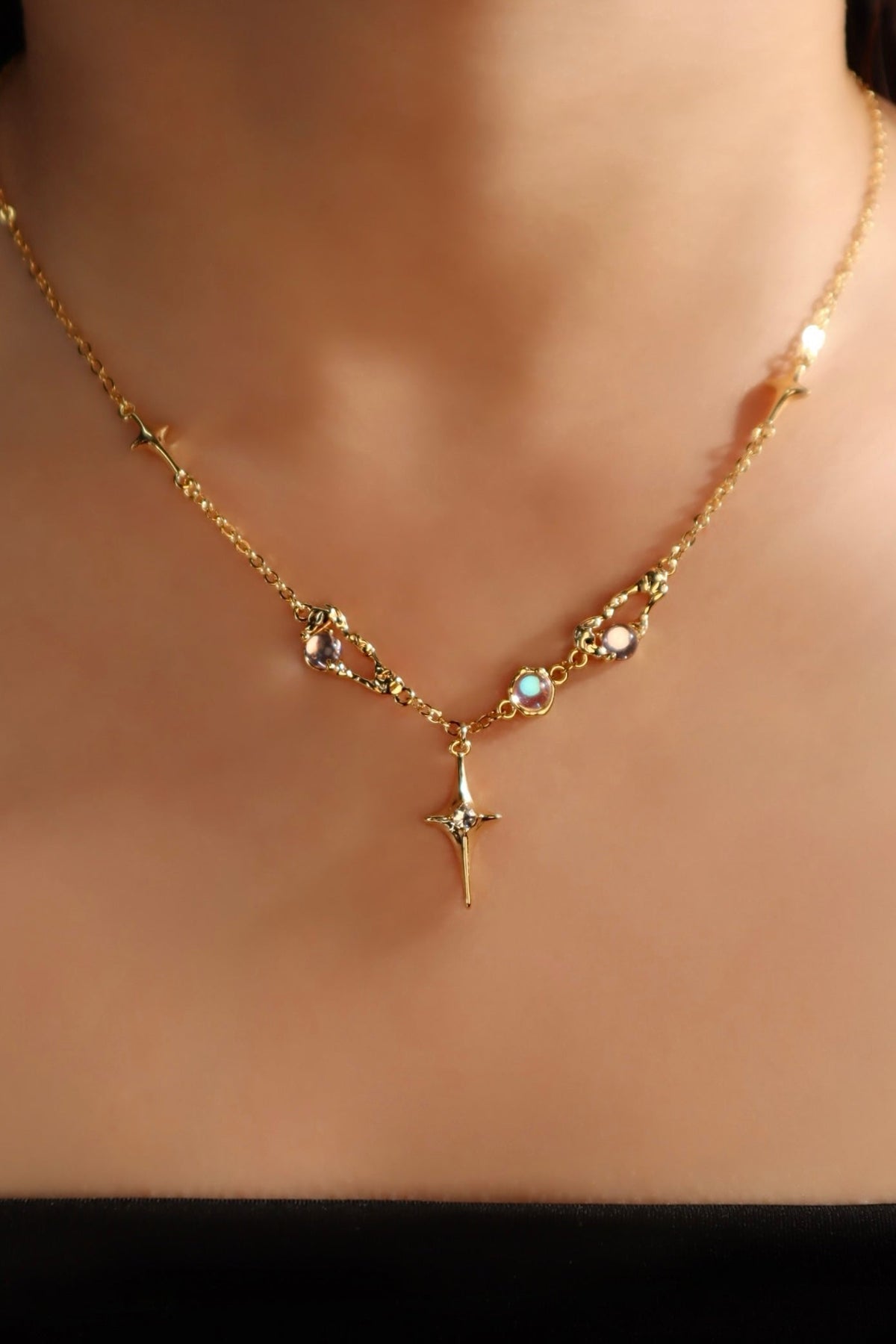 18K Real Gold Plated Moonstones Star Necklace