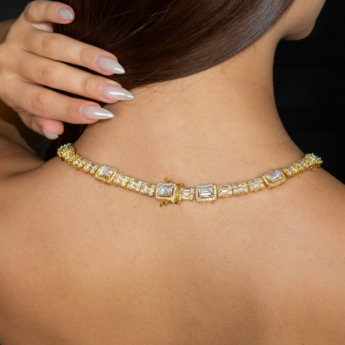 Gold Jewelry - Womens 14K Gold Iced Out VVS Cluster Baguette Chain