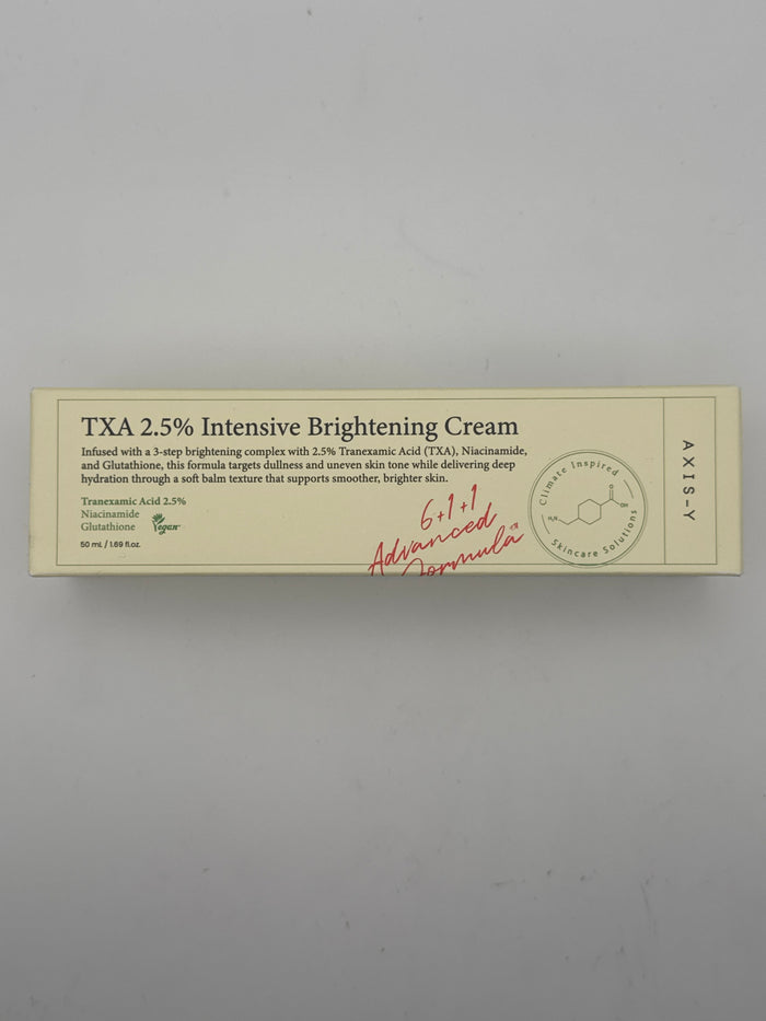 Front photo: AXIS-Y TXA 2.5% Intensive Brightening Cream 50 mL box highlighting tranexamic acid, niacinamide, and glutathione.