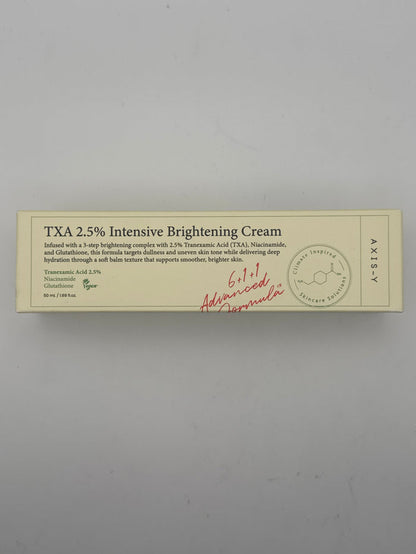 Front photo: AXIS-Y TXA 2.5% Intensive Brightening Cream 50 mL box highlighting tranexamic acid, niacinamide, and glutathione.