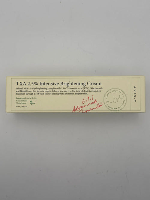 Front photo: AXIS-Y TXA 2.5% Intensive Brightening Cream 50 mL box highlighting tranexamic acid, niacinamide, and glutathione.