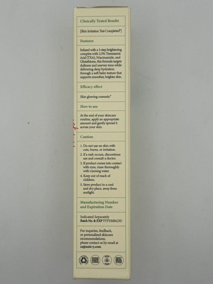 Directions panel: AXIS-Y TXA 2.5% Intensive Brightening Cream packaging showing usage instructions, warnings, and storage directions.