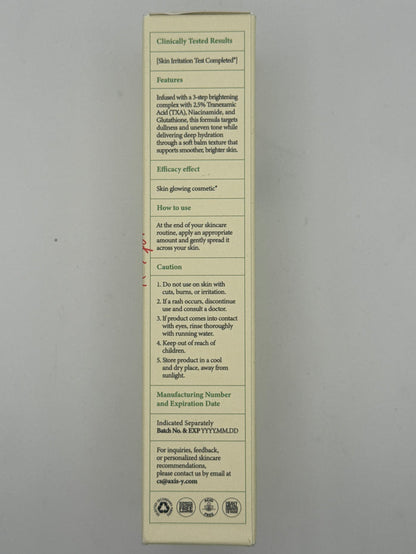 Directions panel: AXIS-Y TXA 2.5% Intensive Brightening Cream packaging showing usage instructions, warnings, and storage directions.