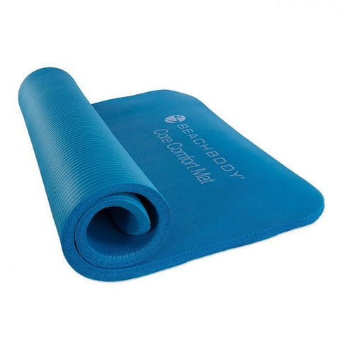 Beachbody Core Comfort Mat rolled partially, blue color
