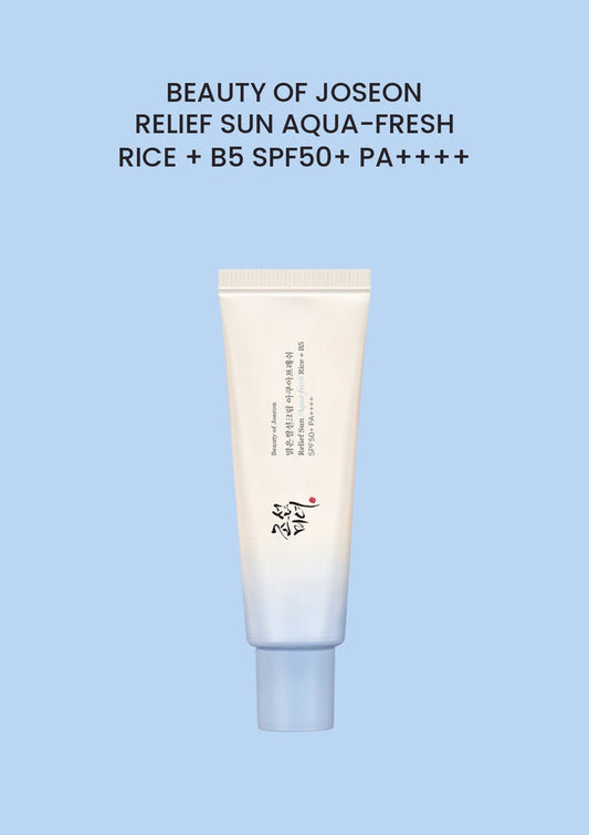 Beauty of Joseon Relief Sun Aqua-Fresh Rice + B5 SPF50+ PA++++ — authentic tube on a flat blue background