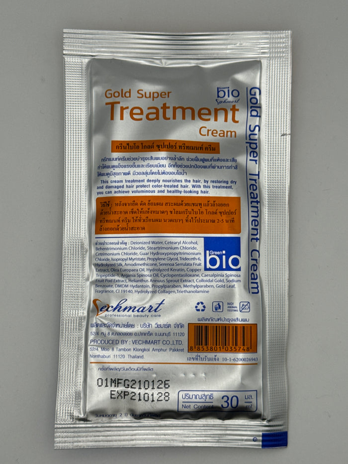 Bio Gold Super Hair Treatment Cream silver back label showing directions, ingredients, barcode, and 30 ml size.