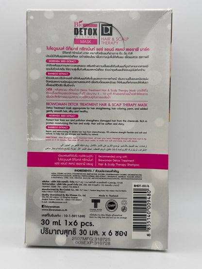 Bio Woman Detox Treatment Hair Mask back label showing directions, ingredients, barcode, and six 30 ml sachets.