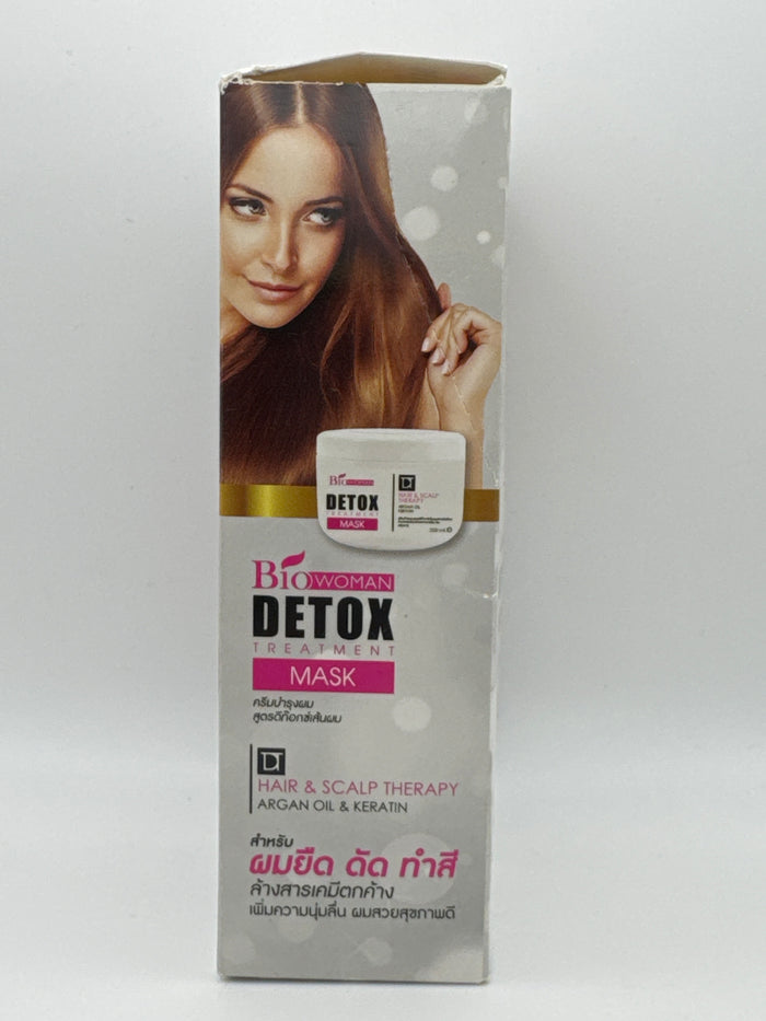 Bio Woman Detox Treatment Hair Mask side panel with a long-haired model, treatment jar illustration, and Hair & Scalp Therapy branding.