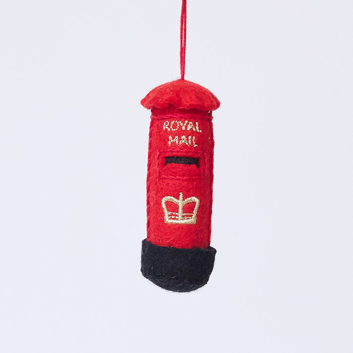 Handmade felt British Post Box ornament from Craftspring, featuring classic red design with gold embroidered details—heirloom-quality Christmas decor, ethically crafted by artisans using sustainable wool.