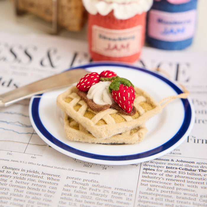 Felt waffle ornament topped with strawberries – handcrafted breakfast decor