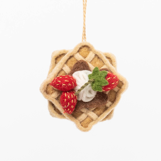 Handmade felted strawberry waffle ornament for foodies and brunch lovers