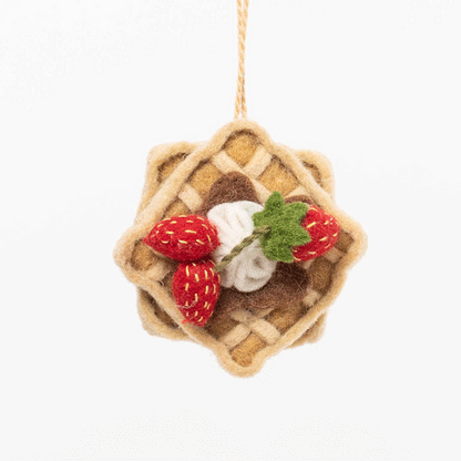 Handmade felted strawberry waffle ornament for foodies and brunch lovers