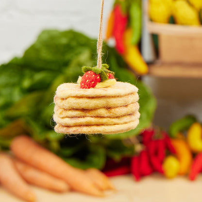 Felt pancake stack with strawberries and syrup – wool breakfast ornament