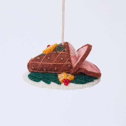 Handmade felt Spiral Ham Platter ornament from Craftspring, featuring intricate beaded and embroidered details on a festive ham—heirloom-quality Christmas decor, ethically crafted by artisans using sustainable wool.