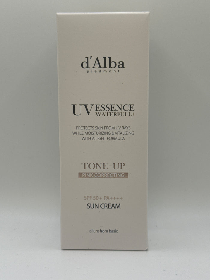 d’Alba Waterfull Tone-Up Sun Cream SPF 50+ PA++++ box, front view showing pink-correcting labeling.