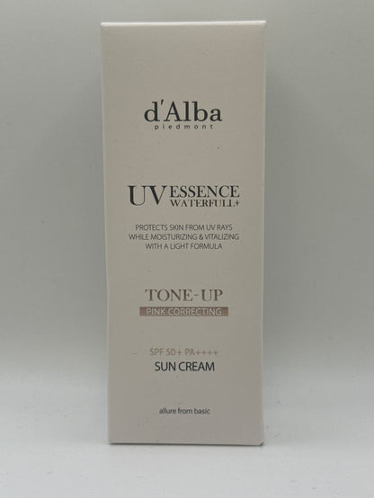 d’Alba Waterfull Tone-Up Sun Cream SPF 50+ PA++++ box, front view showing pink-correcting labeling.
