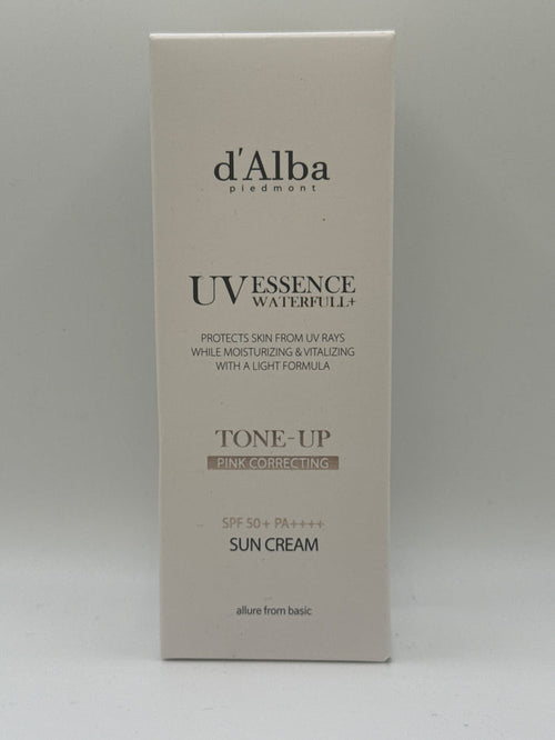 d’Alba Waterfull Tone-Up Sun Cream SPF 50+ PA++++ box, front view showing pink-correcting labeling.