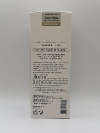 d’Alba Waterfull Tone-Up Sun Cream 50 ml box showing Korean directions, precautions, barcode and authenticity seal.
