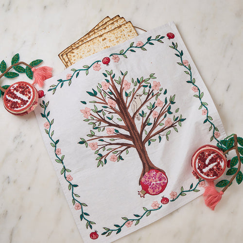 Embroidered Matzo Cover with Pomegranate Tree