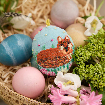 Fox in Wildflowers Embroidered Egg Ornament